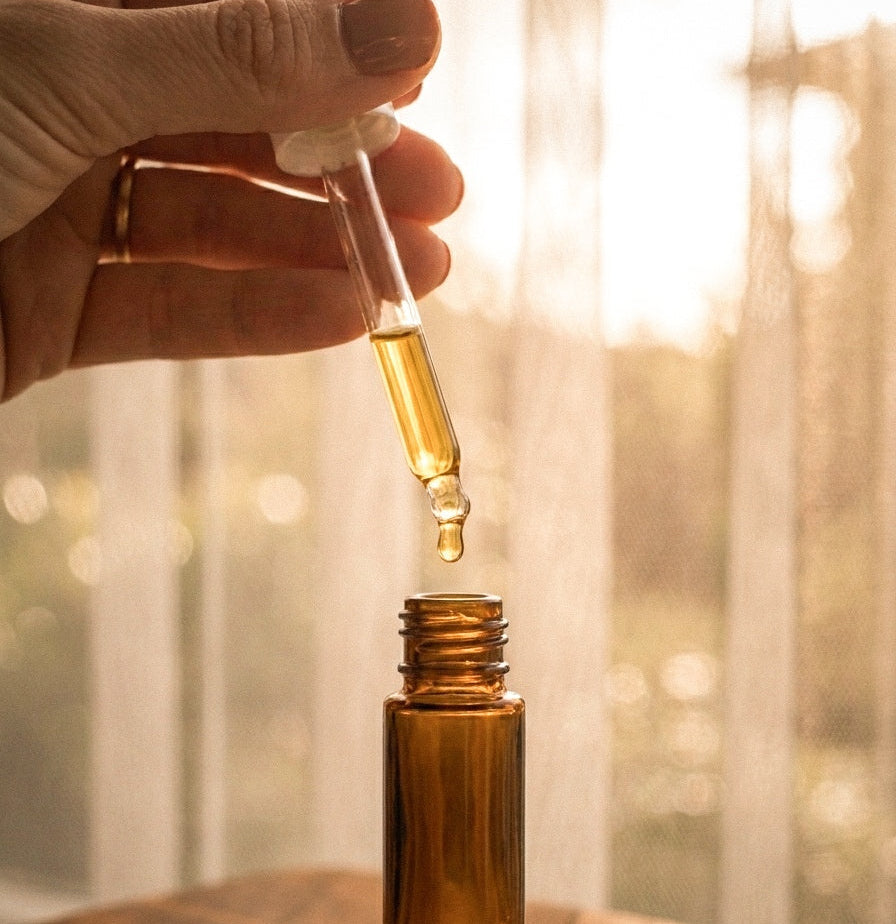 Hand holding a dropper with liquid over an amber glass perfume oil bottle against a blurred natural background